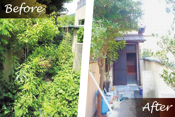『施工例』草木で通れなかった玄関前の施工前後の画像